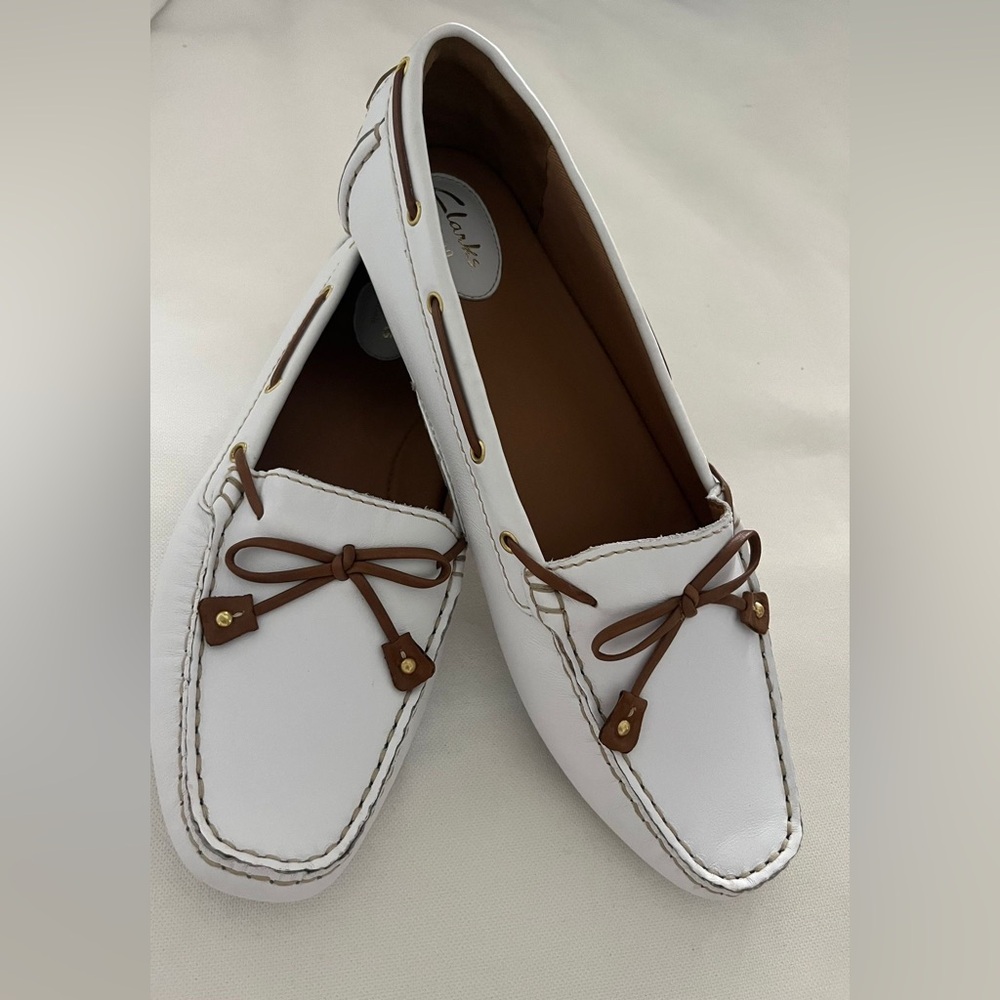 Clarks Women's White Moccasins with Brown Accents
